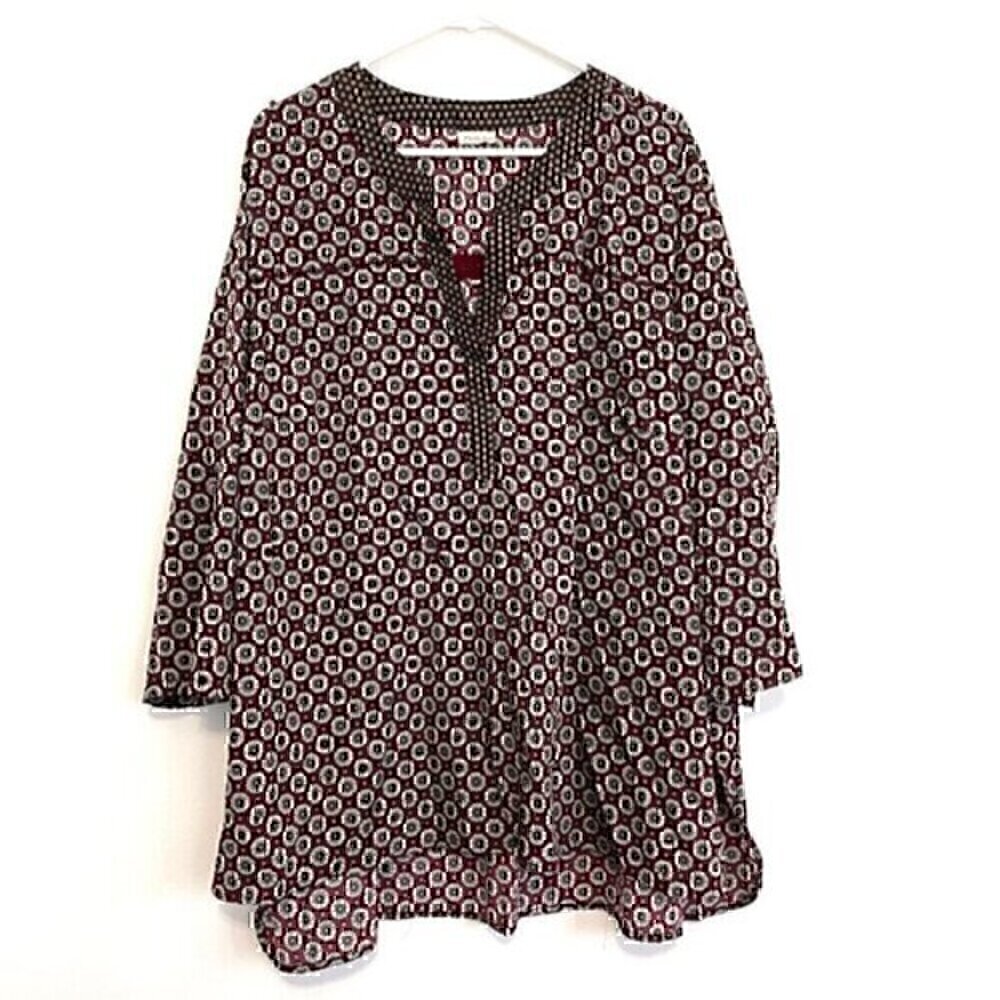 ANTILIA FEMME Plus Size Burgundy Maroon Geometric Mandala 3/4 Sleeve Boho Tunic